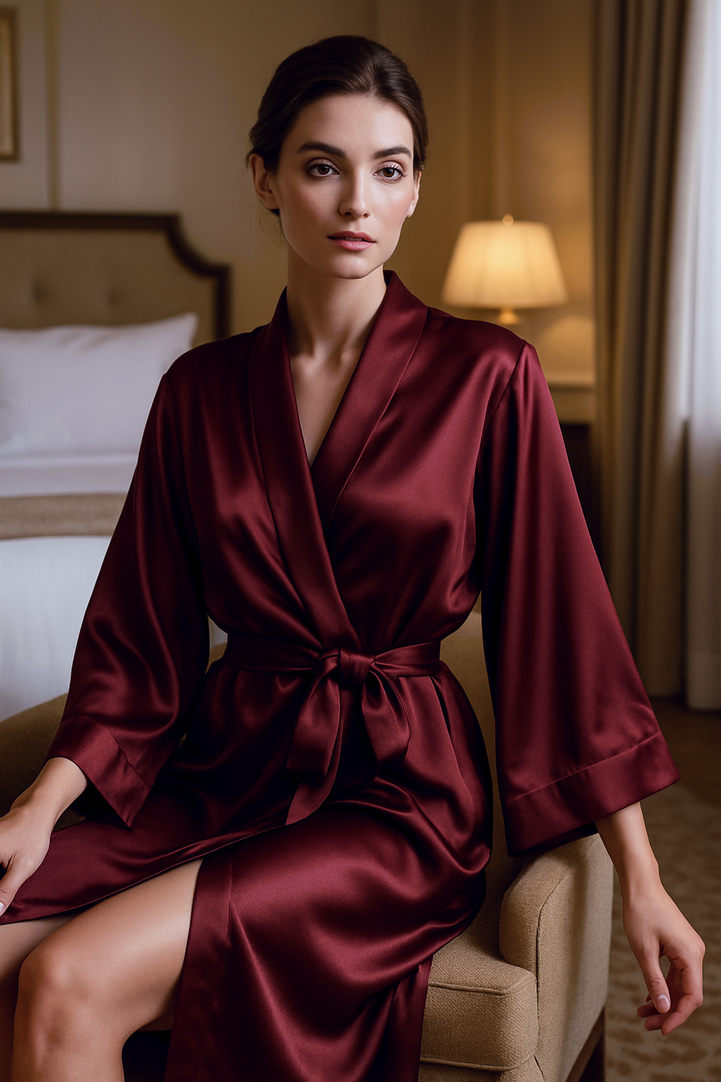 Model Wearing Luxury Silk Robe